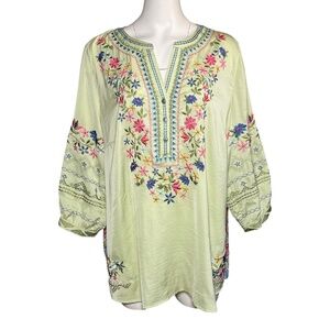 John Mark Light Moss Green Colorful Embroidered Button Up Shirt Tunic Size XL